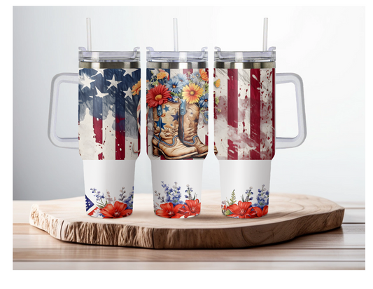 40oz Country Boots and Flag tumbler